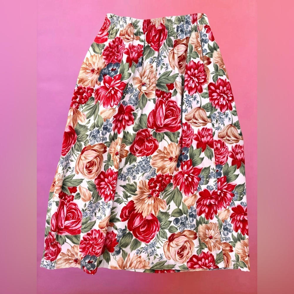 Vintage 1980s Russ Corduroy Light Pink Floral A-Line Maxi Skirt - Small / Medium - Picture 11 of 11